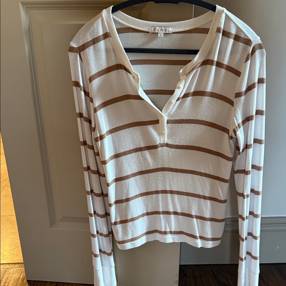 Z Supply Cream and Brown Striped Long Sleeve Top